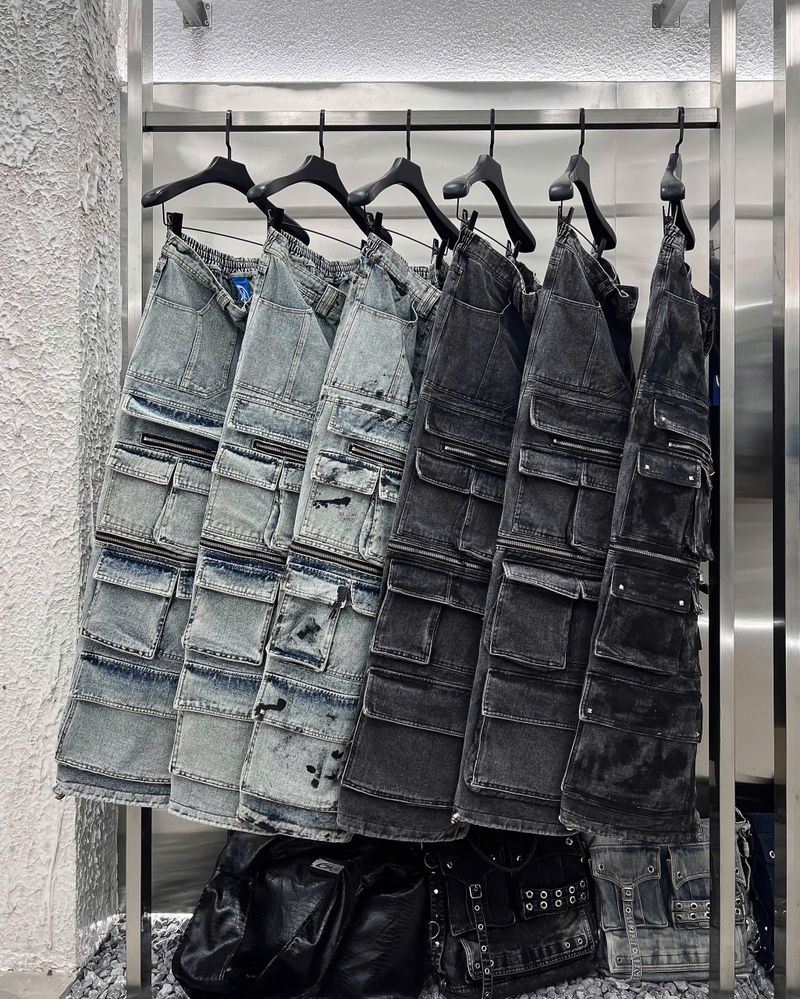 WASH-DENIM CARGO PANTS MULTI POCKET (Blue)