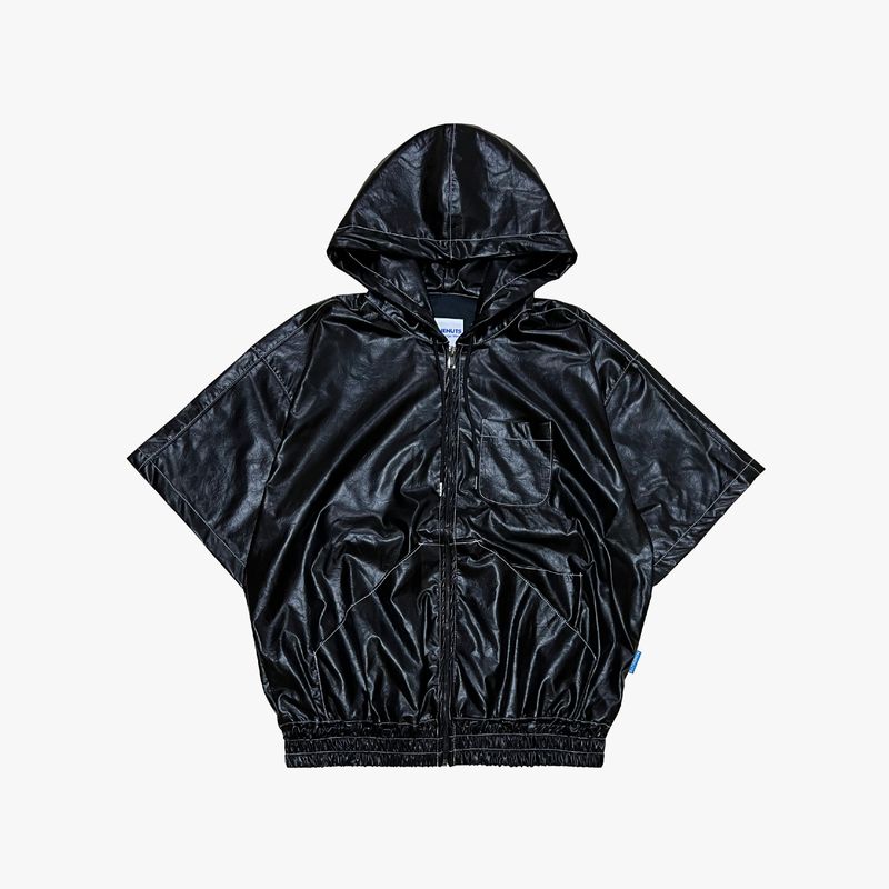 glossy faux leather hood zip-up hoodie_black