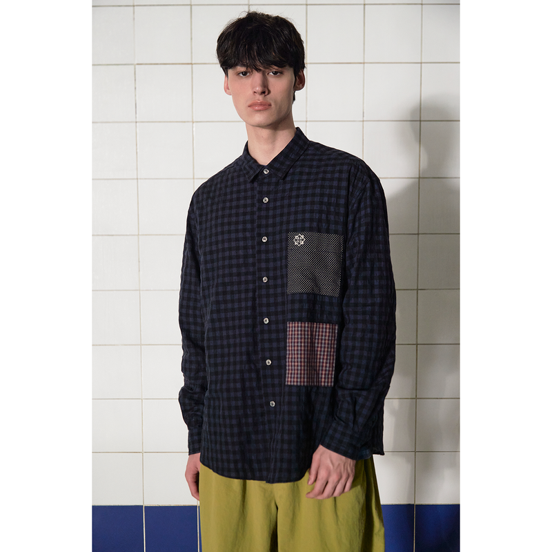 POCKET GINGHAM CHECK SHIRT / NAVY