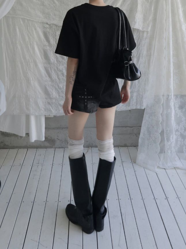 Deconlow studded black denim shorts