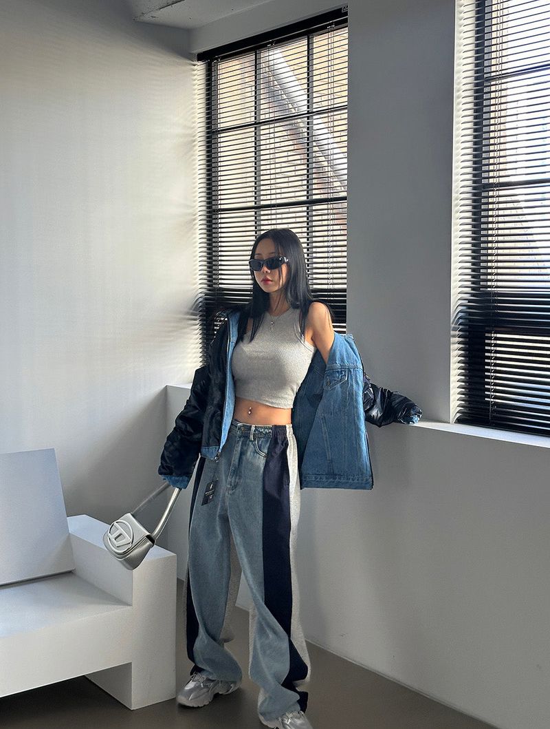 Double-sided reversible denim padded coat