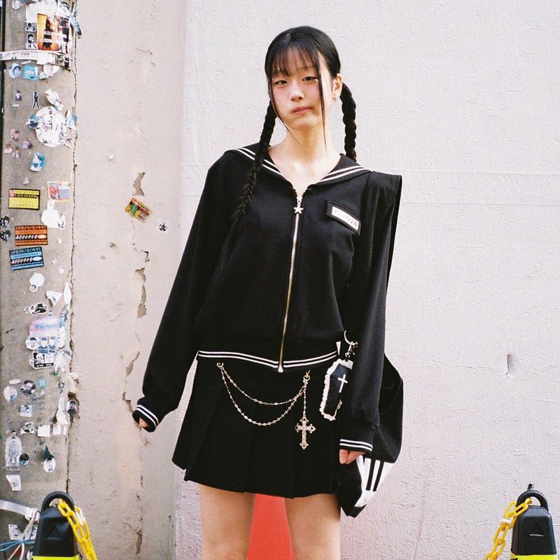 Sailor Collar Zip-Up Jacket - Black