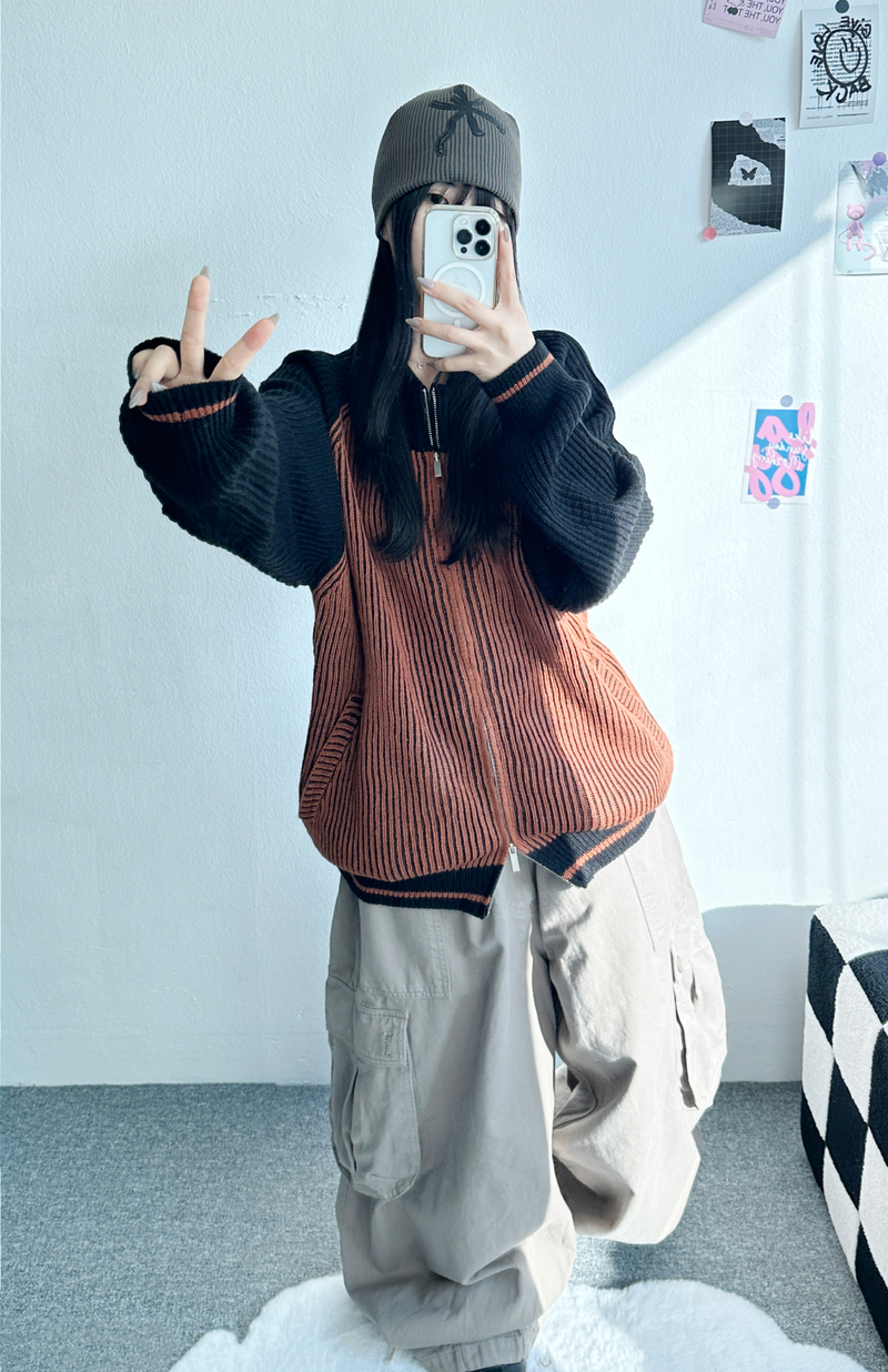 COLOR-BLOCK RAGLAN 2-WAY ZIP-UP🤎🖤🩶🤍 - 3 COLORS