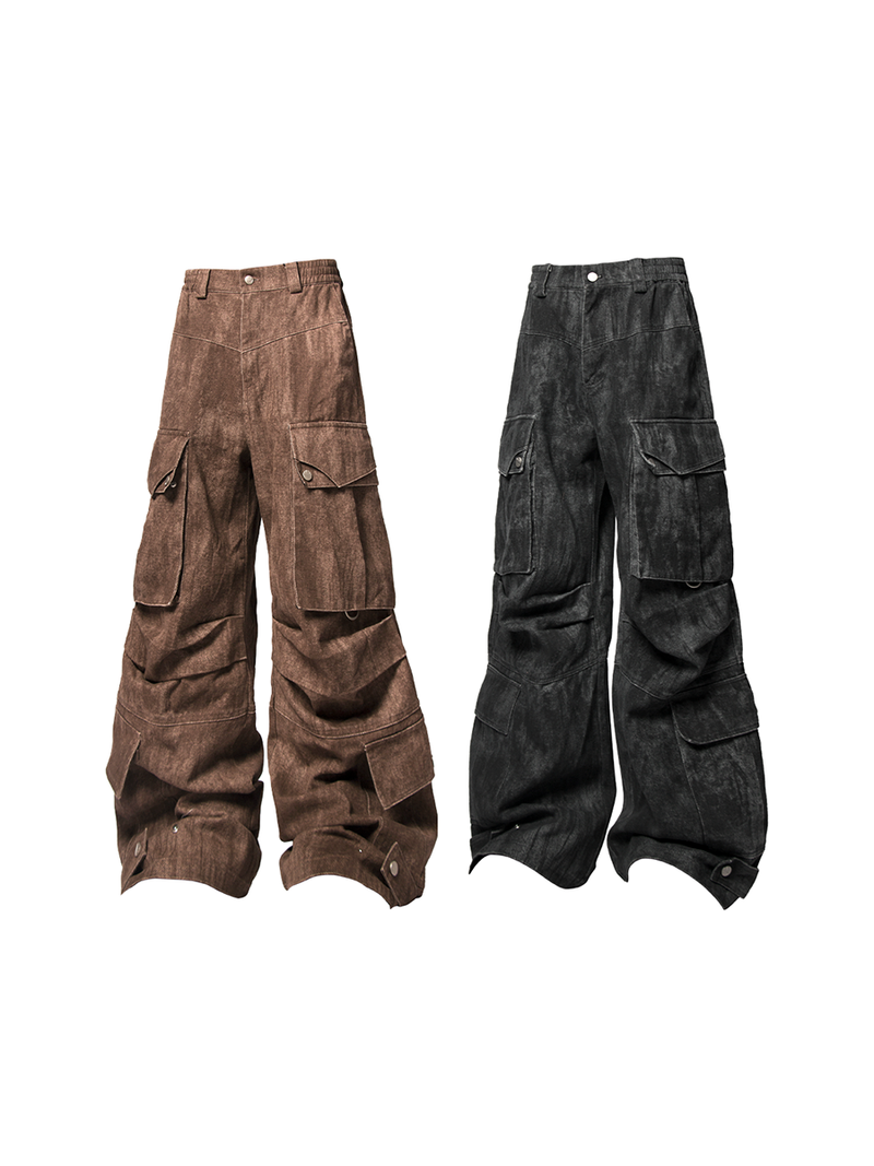 RELABEL Three-dimensional Composition (Block) Washed Silhouette Pleated Multi-pocket Adjustable Flap Shell Trousers