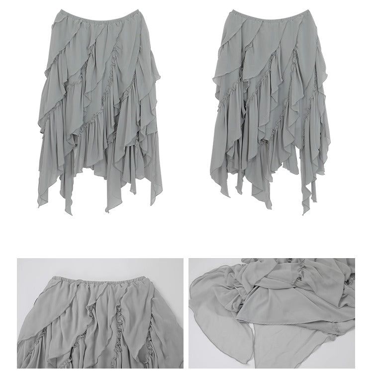 cake chiffon unbalanced midi skirt