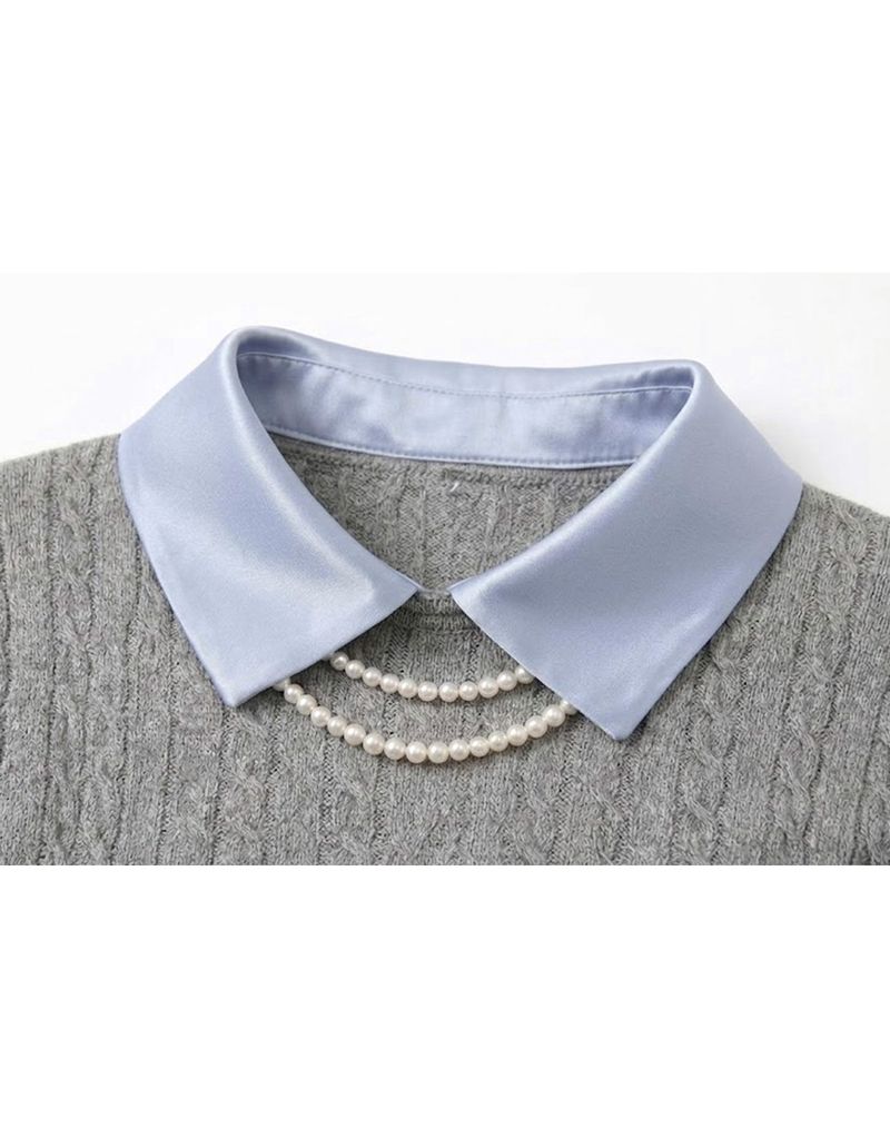 Elodie Pearl Collar Cable Short Sleeve Knit Top Grey
