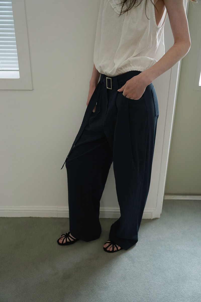 Linen belted pants_navy