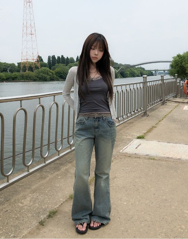 Tier Cat Washed Semi-Bootcut Denim Pants