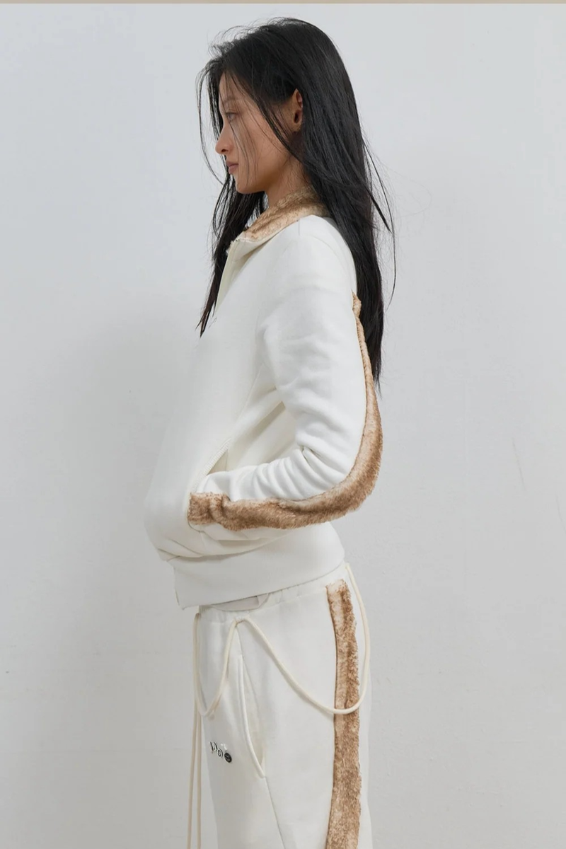 Fur Trim Jersey Zip-up / Ivory