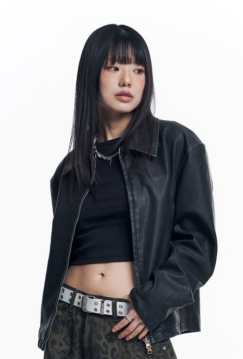 Washed Leather Crop Jacket - Black