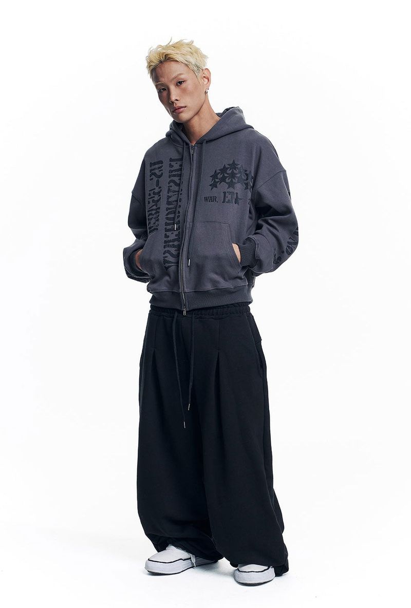 Marine Crack Print Hooded Zip-Up - Charcoal