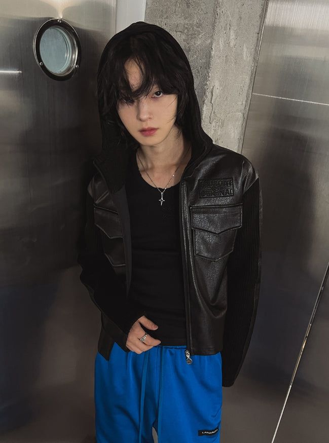 [LANARCH] Noble Leather Pocket Hooded Zip-Up