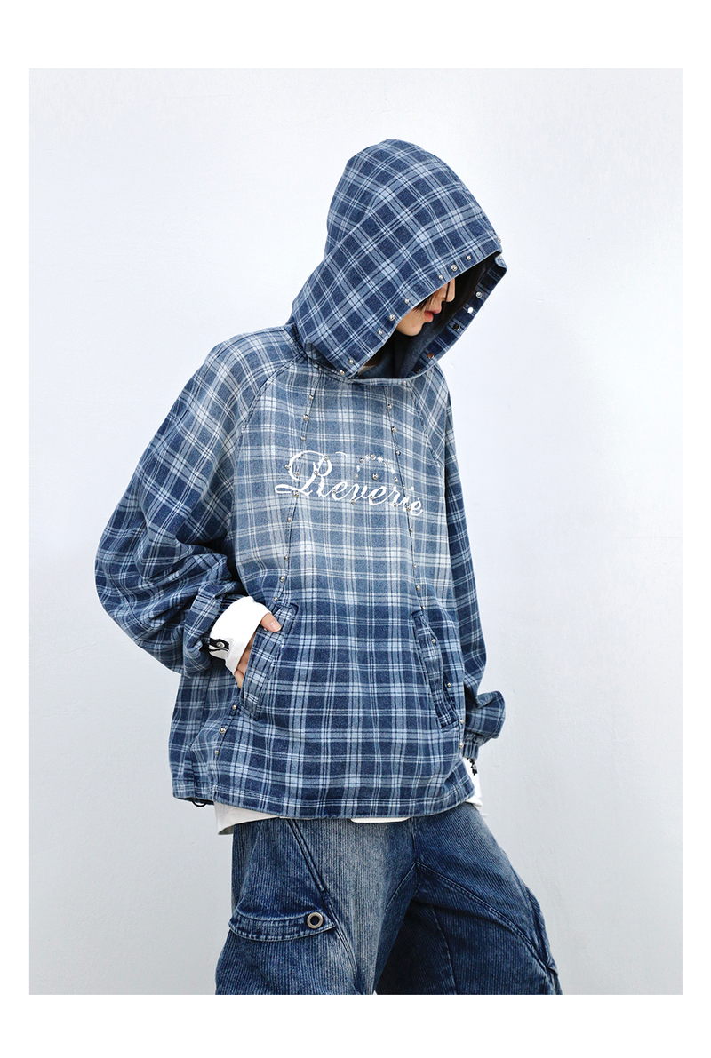 RELABEL (Gemeng) Stud-embellished, printed, gradient-wash checked hooded denim sweatshirt