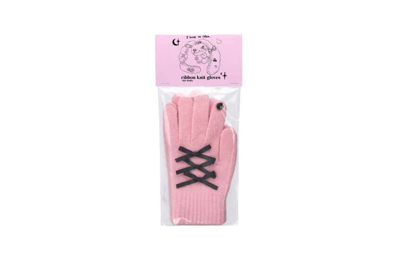 0 4 ribbon knit gloves - PINK