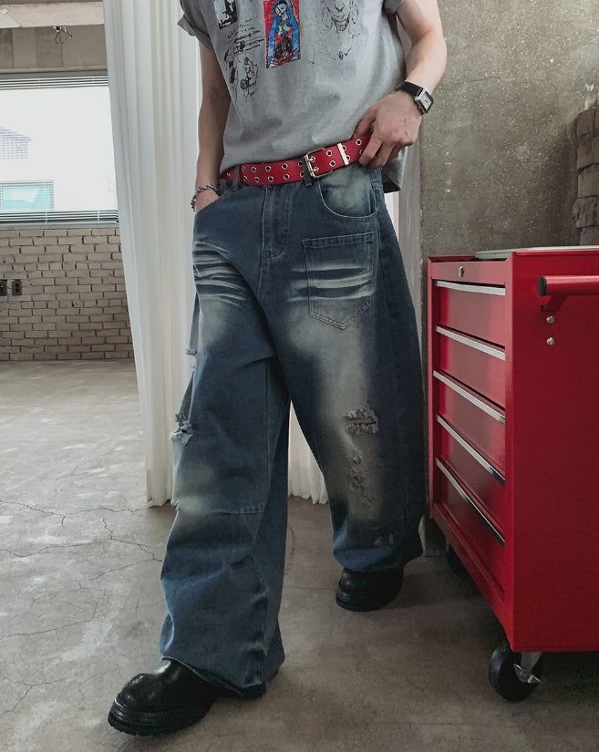 Binden Wash Damaged Wide Denim