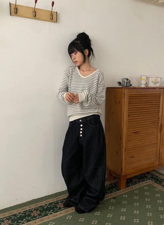 Luzern Non-Fade Button Wide Denim Pants