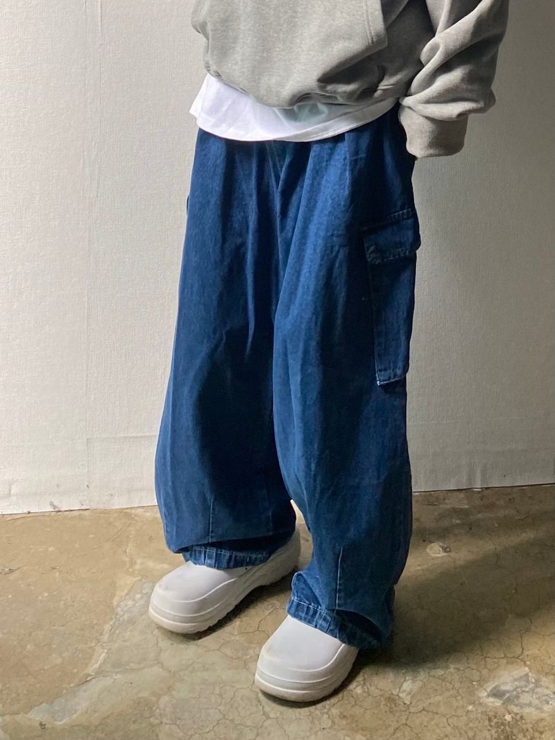 Balloon pintuck wide banding denim pants