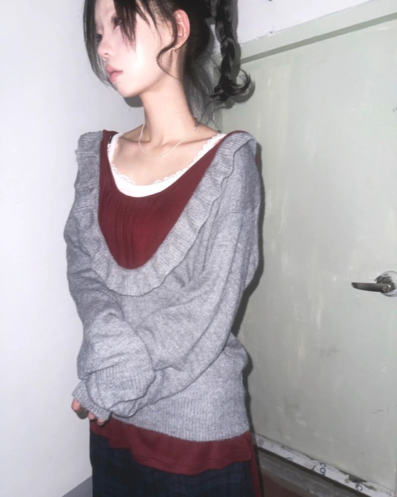 (3color) Frill Deep U-Neck Wool Knit
