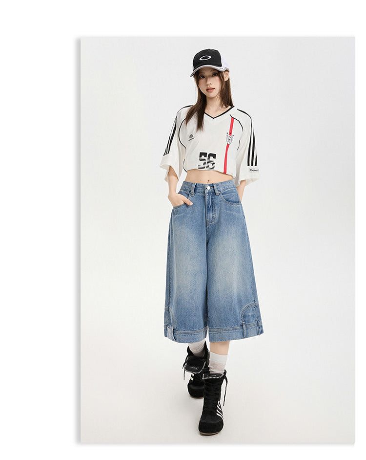 Reversed Detail Wide Denim Bermuda Pants