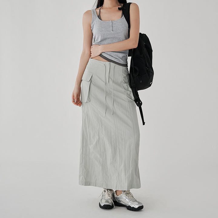  [made/free.xl] [Cheney] String A-Line Cargo Nylon Slit Long Skirt -5color