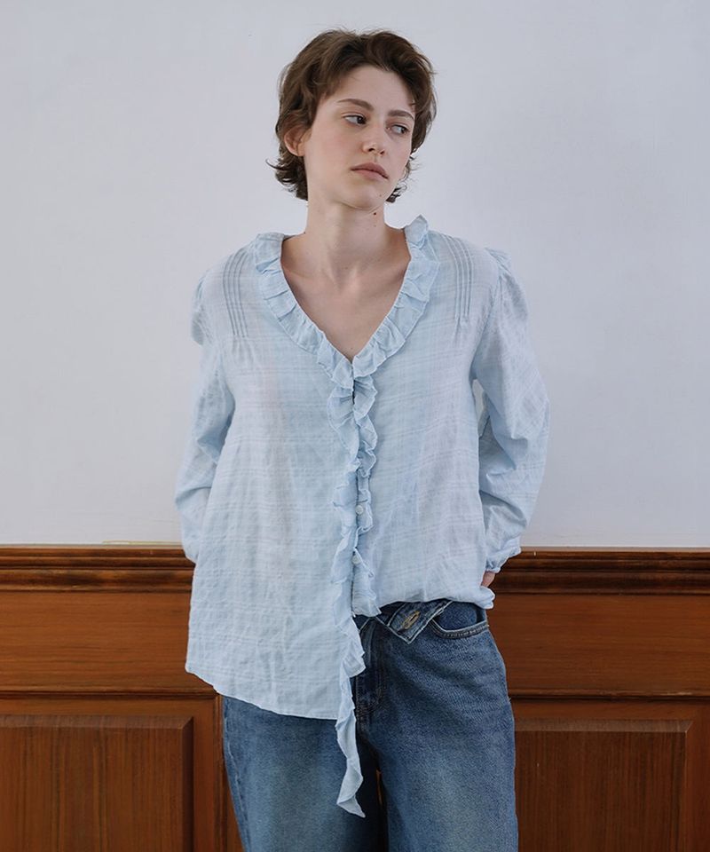 WITHOUTSUMMER（ウィズアウトサマー）の「Ruffle shirring blouse_skyblue（Tops）」