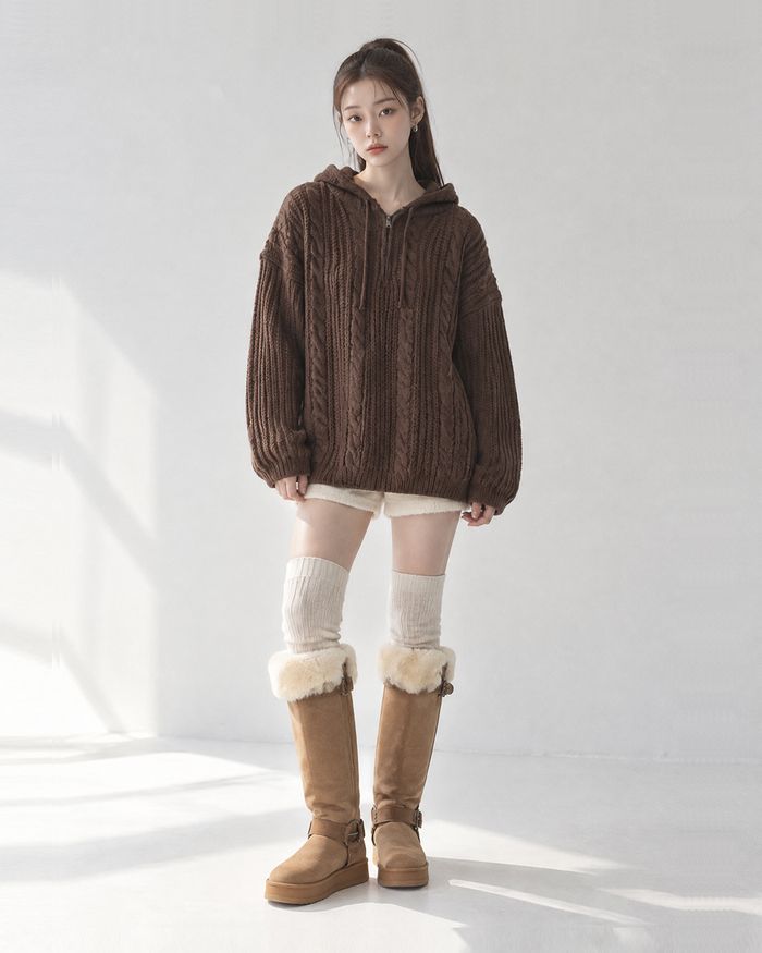 (UNISEX) Follow Half Zip Cable Knit Hoodie
