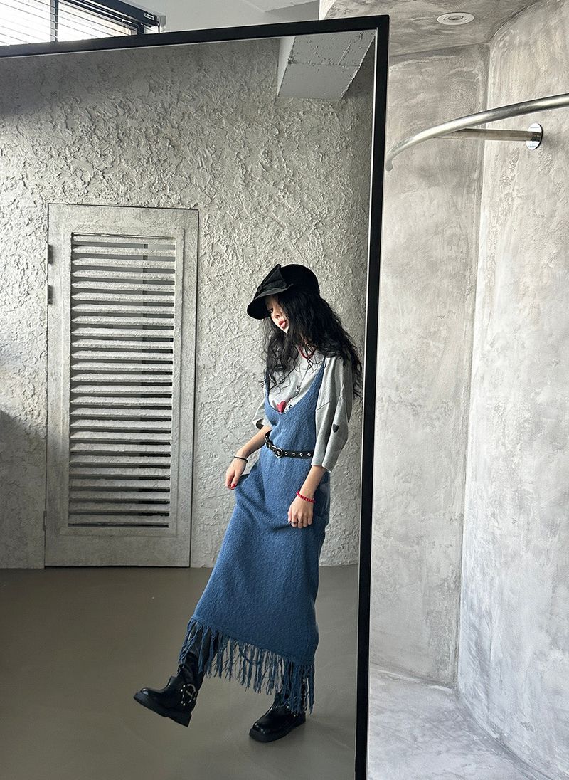 knit fringe bustier long dress