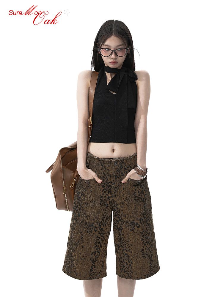 ルーズストレートレッグレッグレオパードローライズデニムショートパンツ (Knee-length/Capri Pants)
