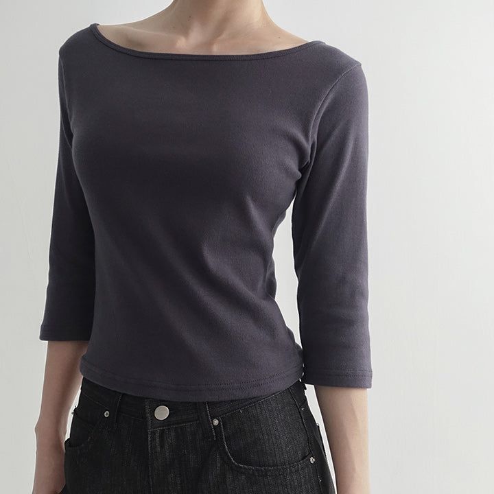  [Riabu] boat Neck Three-quarter sleeve cropped T-shirt - 4 color