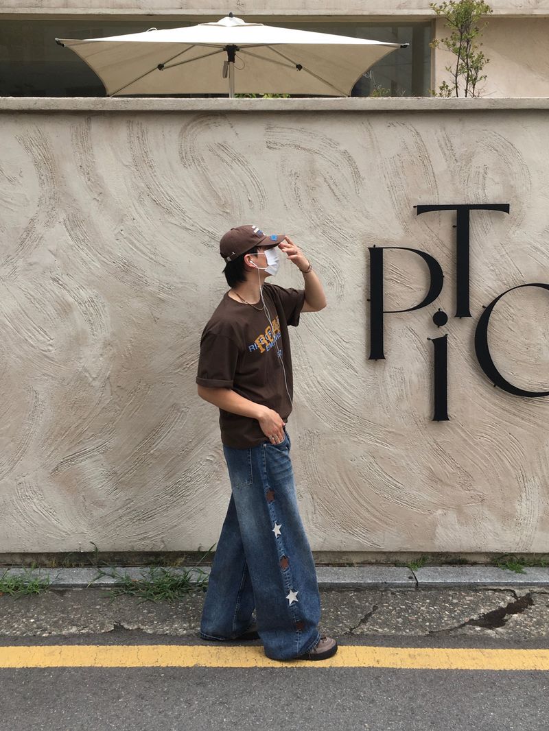 Star embroidered denim pants (middle blue)