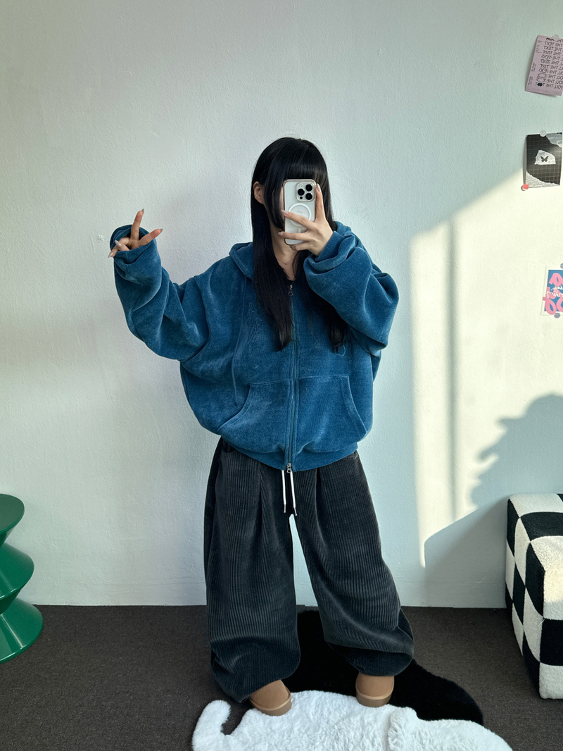 RIBBON PATTERN VELVET HOOD ZIP-UP💚💙🖤 - 3 COLORS