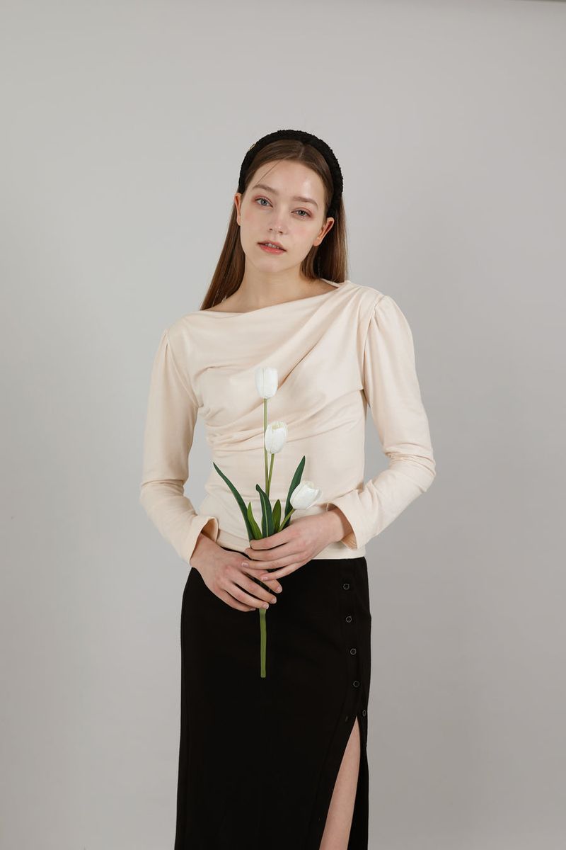Drape Puff Shirring T-shirt Beige