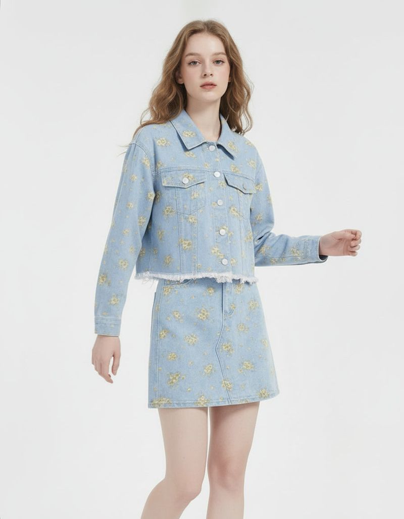 Canola Bloom Flower Denim Jacket Light Blue