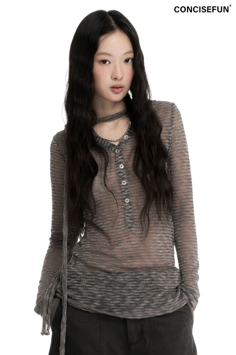 CONFUN（コンファン）の「CONFUN Silver Striped Micro Transparent Flowing Long Sleeve Polo Shirt（Tops）」