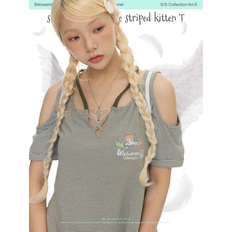 BETWEENANDxOliwa Summer retro green striped knit rope patterned cat T-shirt, short-sleeved shirt that helps conceal body contours