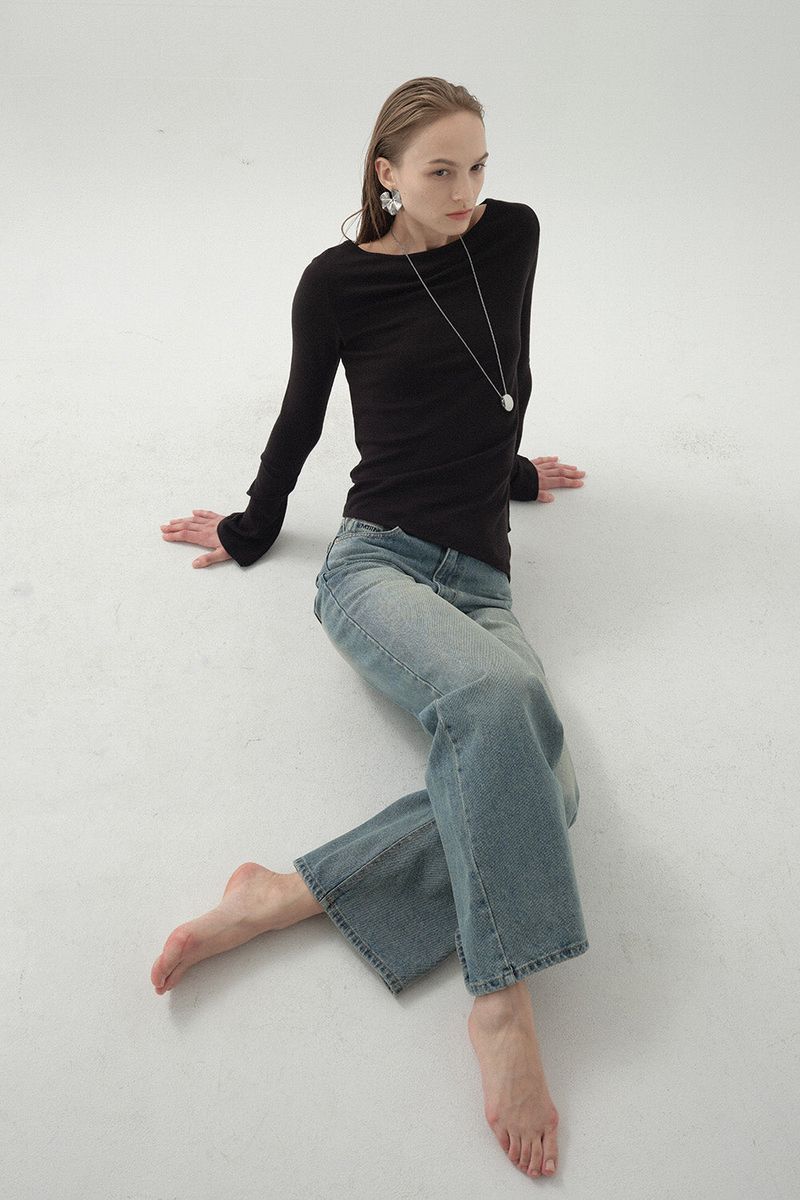 Low Wide Embroidery Denim_Blue