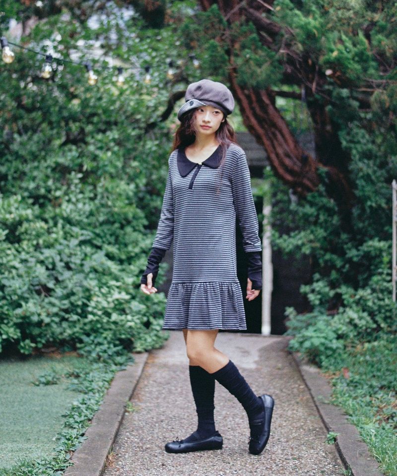 STRIPE ASYMMETRY COLLAR ONE PIECE - BLACK