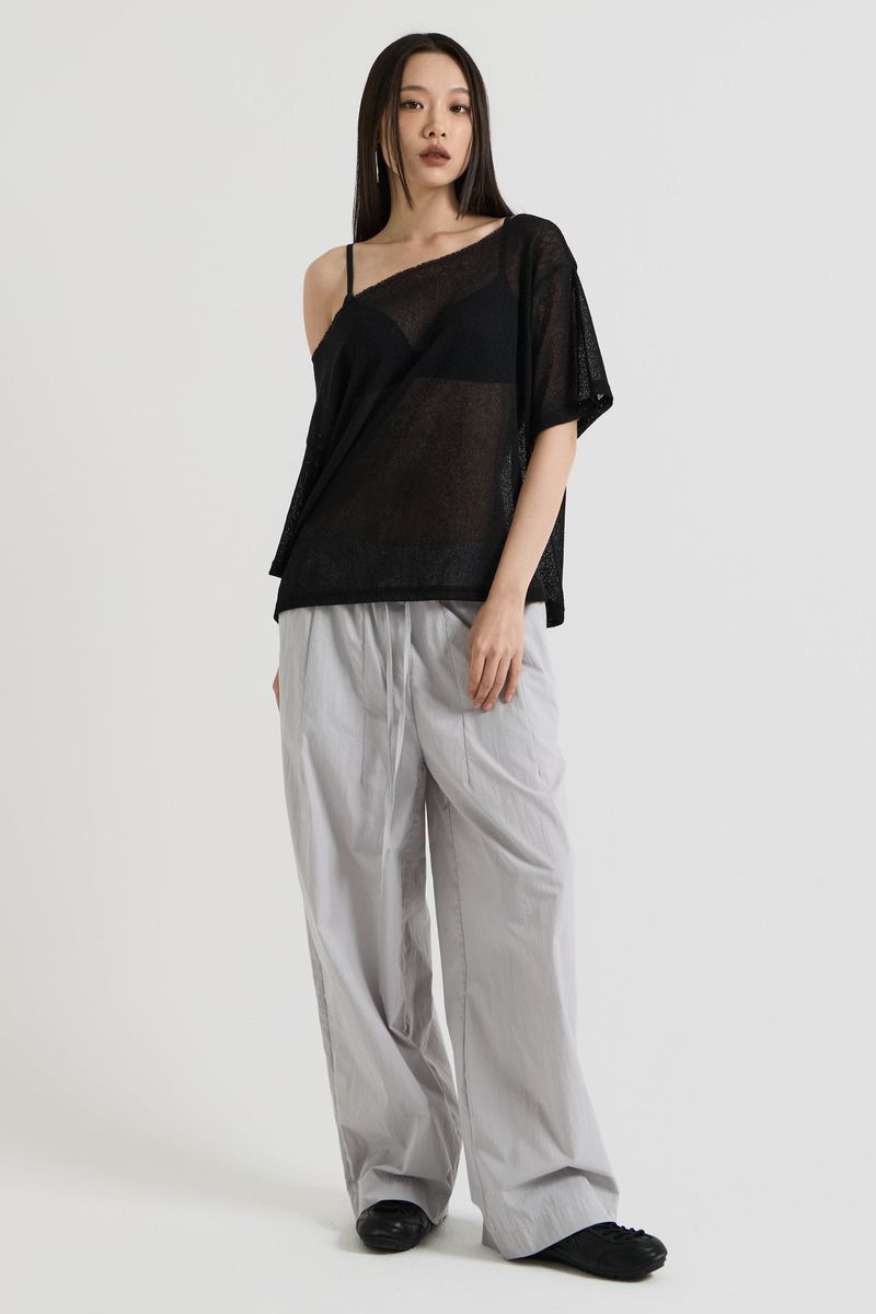 Knit one-shoulder t-shirt, Black