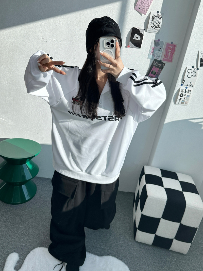 RAGLAN THREE-STRIPE COLLAR SWEATSHIRT🖤🩶🤍 - 3 COLORS