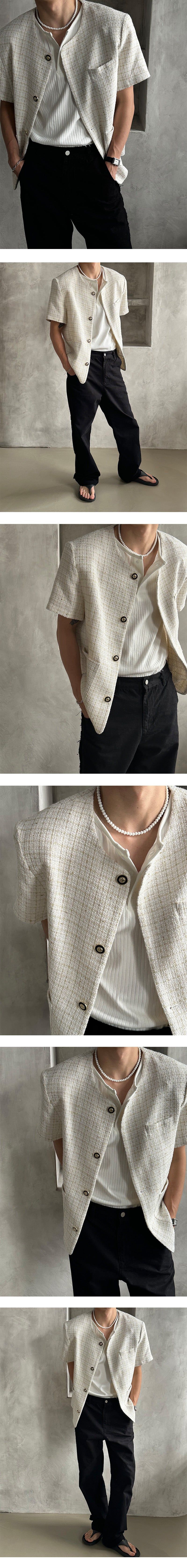 [S/S] Round neck half tweed jacket (2color)