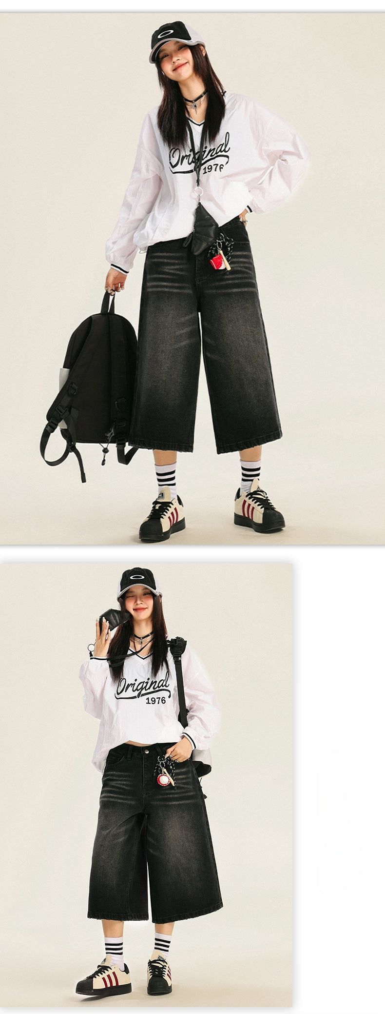American retro loose-fitting washed distressed wide-leg capri pants