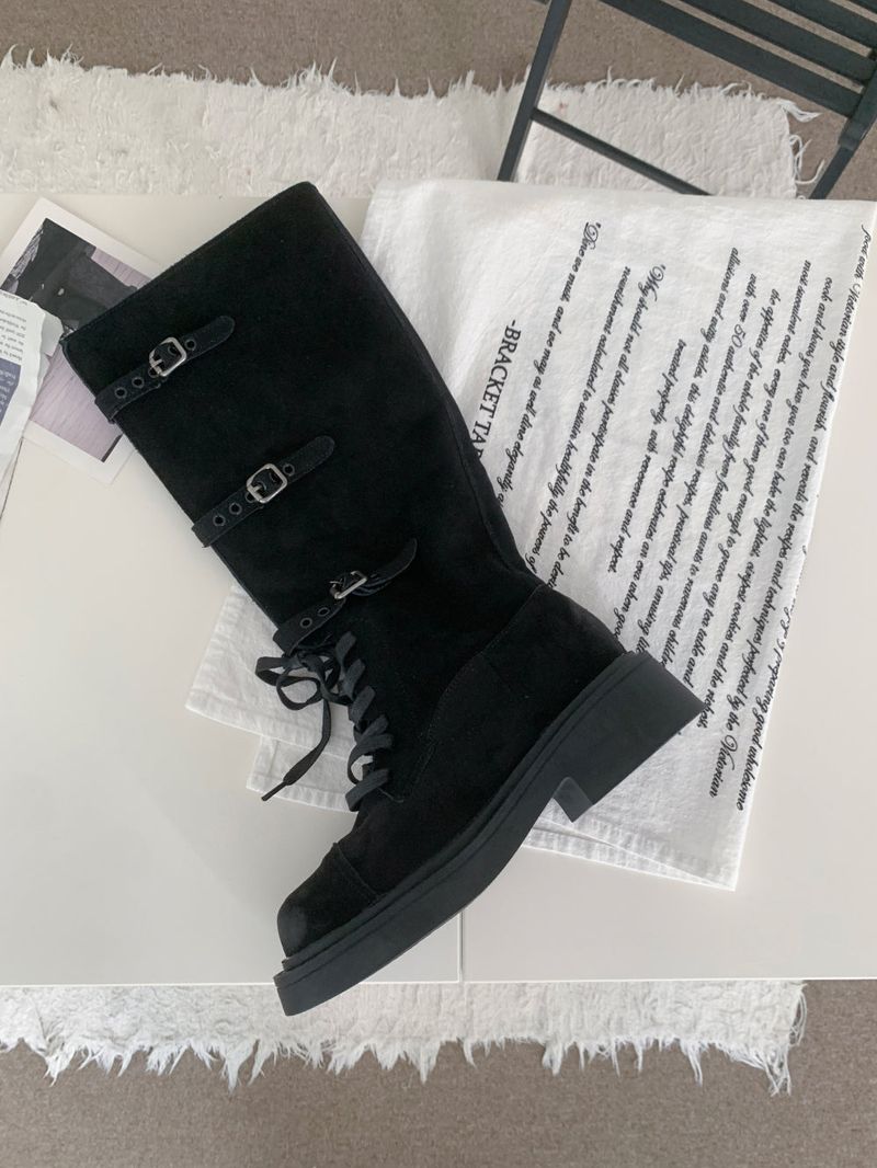 Kelvo Triple Buckle Belt Lace-Up Suede Oversole Long Boots (2 Colors)