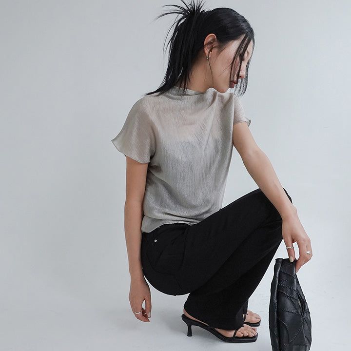 [Setinone] Half Neck Satin Short-Sleeved Blouse - 4 colors