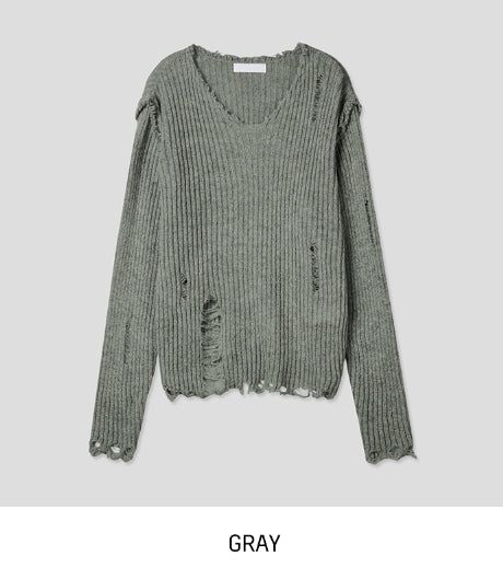 Reverse damage V-neck knitwear