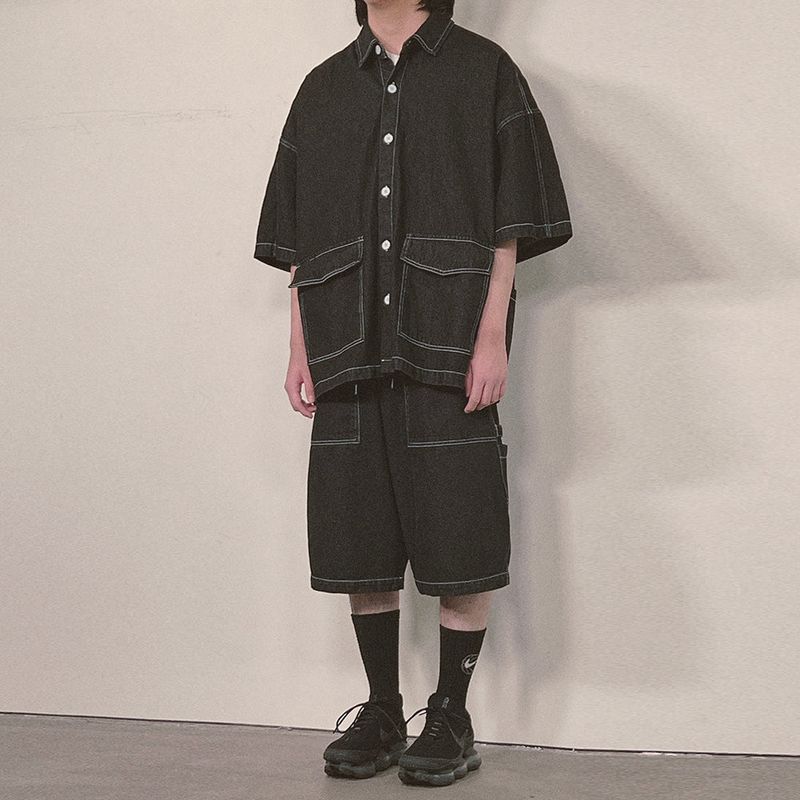 denim stitch shorts_black