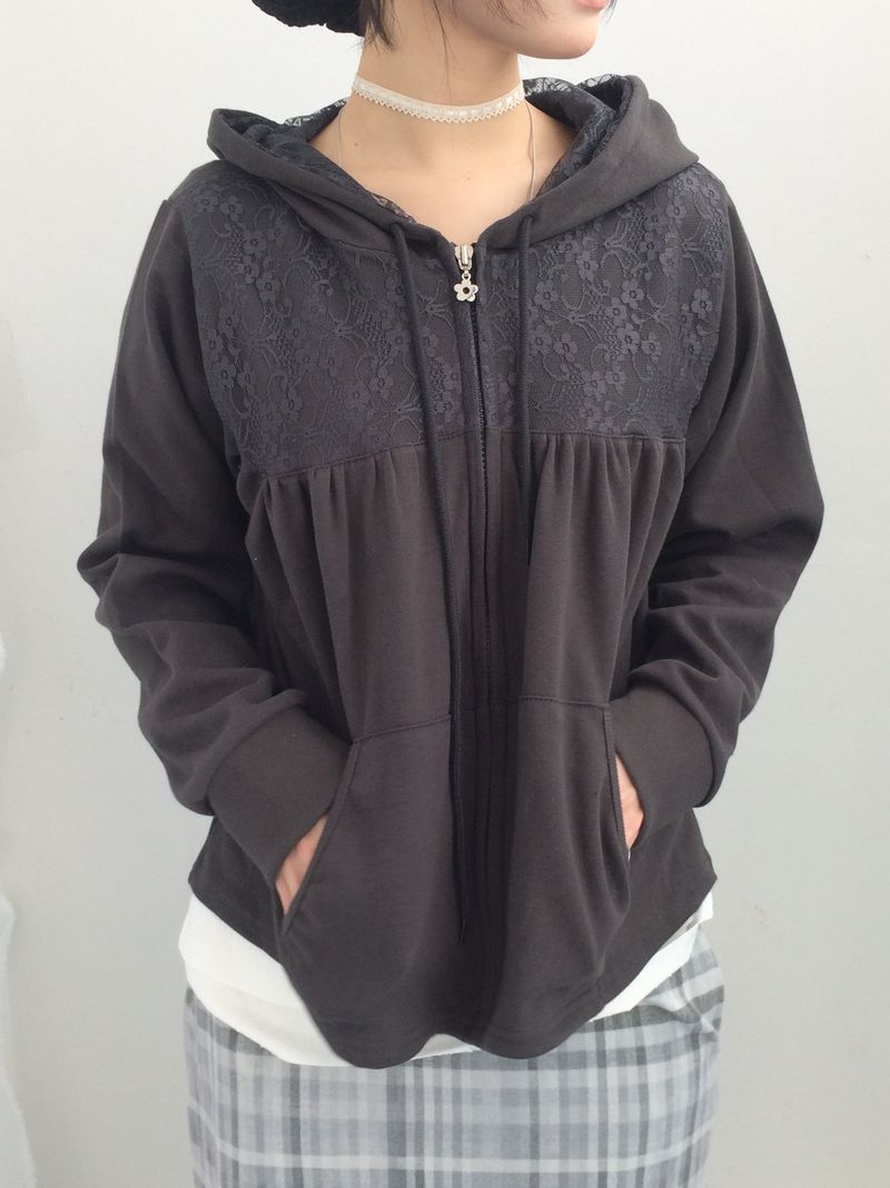 Flower Lace Half-Shirring Hooded Zip-Up