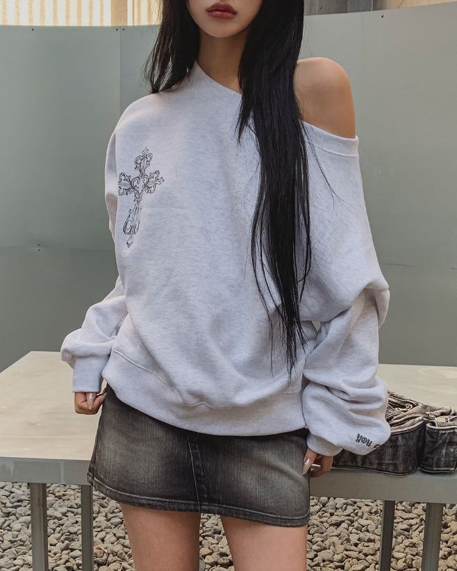 Parts Lettering Brushed Off-Shoulder Sweatshirt