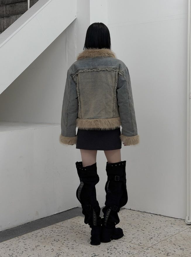 Fur trimmed quilted denim jacket