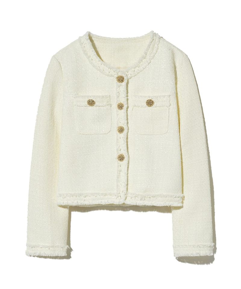 85-VIVAJ057 Line Fringe Crop Tweed Jacket White