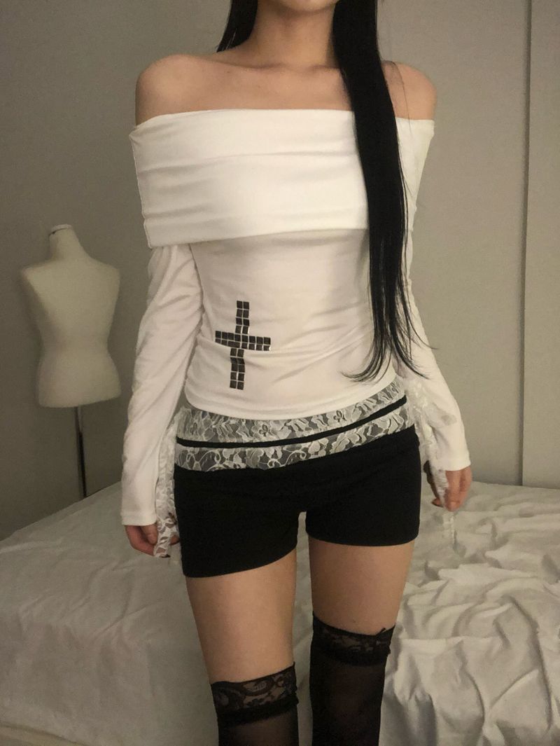 Crystal Stud Cross Off-Shoulder T